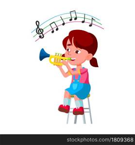 Girl Kid Playing On Trumpet In Orchestra Vector. Little Lady Sitting On Chair And Play On Trumpet Musician Instrument. Character Child Classic Music Player Flat Cartoon Illustration. Girl Kid Playing On Trumpet In Orchestra Vector