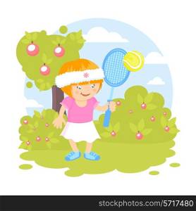 Girl kid with sport racquet playing tennis on the lawn outdoors background vector illustration