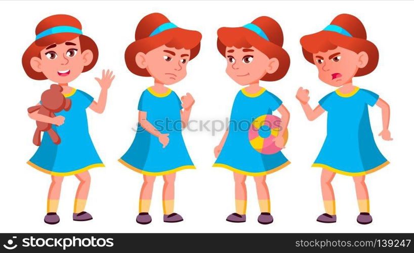 Girl Kindergarten Kid Poses Set Vector. Character Playing. Childish. Casual Clothe. For Presentation, Print, Invitation Design. Isolated Cartoon Illustration. Girl Kindergarten Kid Poses Set Vector. Kiddy, Child Expression. Junior. For Postcard, Cover, Placard Design. Isolated Cartoon Illustration