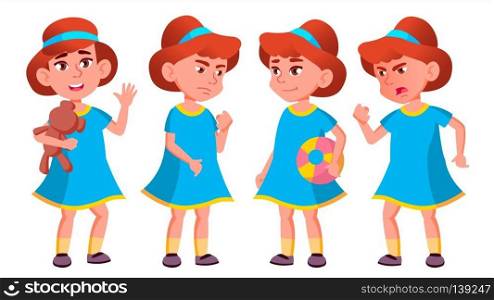 Girl Kindergarten Kid Poses Set Vector. Character Playing. Childish. Casual Clothe. For Presentation, Print, Invitation Design. Isolated Cartoon Illustration. Girl Kindergarten Kid Poses Set Vector. Kiddy, Child Expression. Junior. For Postcard, Cover, Placard Design. Isolated Cartoon Illustration