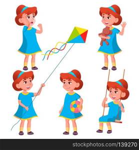 Girl Kindergarten Kid Poses Set Vector. Happy Children Character. Babysitting. For Advertisement, Greeting, Announcement Design. Isolated Cartoon Illustration. Girl Kindergarten Kid Poses Set Vector. Character Playing. Childish. Casual Clothe. For Presentation, Print, Invitation Design. Isolated Cartoon Illustration
