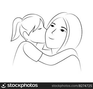 Girl kissing moms cheek line art. Happy mothers day. Vector illustration.