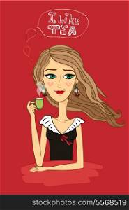 Girl likes tea with cup vector illustration