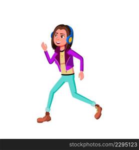 Girl Listen Music In Earphone And Dancing Vector. Lady Teenager Listening Audio Track In Headphones And Dancing Outdoor. Character Dancer Funny Leisure Time Flat Cartoon Illustration. Girl Listen Music In Earphone And Dancing Vector
