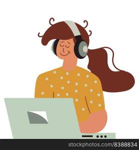 Girl listening to music on laptop and person cartoon woman illustration with headphone. Young female character with computer and earphone listen or lifestyle education student. Teenager using gadget
