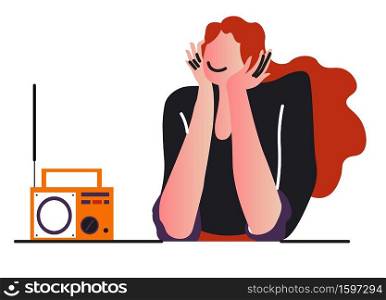 Girl listening to music or radio broadcast on record player isolated female character vector. Melody and song playing, retro device with antenna. Woman sitting at table enjoys musical composition. Radio broadcast or music listening, girl and record player