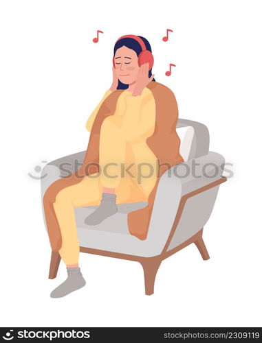 Girl listening to music semi flat color vector character. Sitting figure. Full body person on white. Relaxed girl with blanket simple cartoon style illustration for web graphic design and animation. Girl listening to music semi flat color vector character