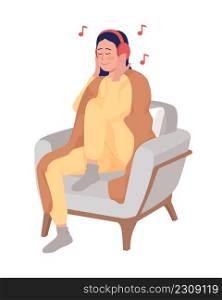 Girl listening to music semi flat color vector character. Sitting figure. Full body person on white. Relaxed girl with blanket simple cartoon style illustration for web graphic design and animation. Girl listening to music semi flat color vector character