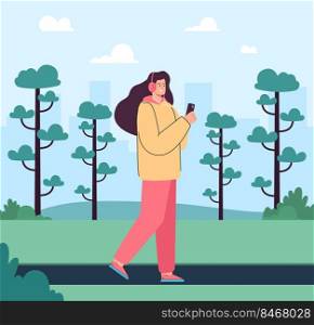 Girl listening to music, walking down street or in city park. Happy young woman with headset holding phone in hands, enjoying sound flat vector illustration. Outdoor walk, youth, music concept. Girl listening to music, walking down street or in city park