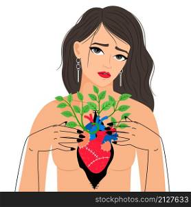 Girl live heart. Blooming foliage hearts female person for spring love flowering health design concepts vector illustration on white. Girl live heart. Blooming foliage hearts female person for spring love flowering health design concepts vector illustration