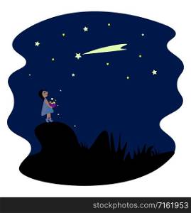 Girl looking at sky, illustration, vector on white background.