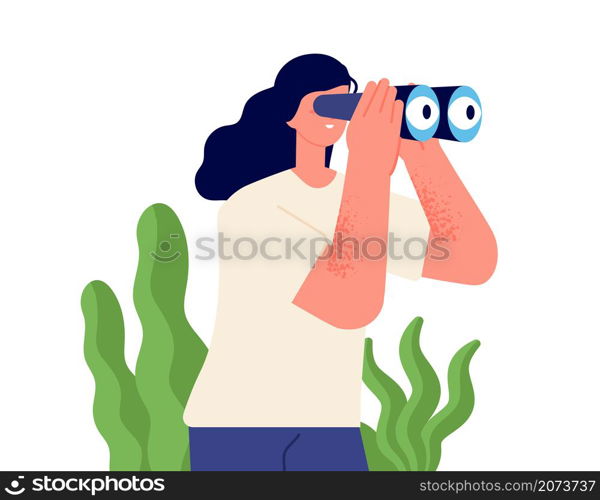 Girl looking binocular. Watching future, happy woman holding spyglass. Something searching lady, explorer business female utter vector character. Spyglass to discovery and searching. Girl looking binocular. Watching future, happy woman holding spyglass. Something searching lady, explorer business female utter vector character