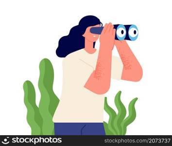 Girl looking binocular. Watching future, happy woman holding spyglass. Something searching lady, explorer business female utter vector character. Spyglass to discovery and searching. Girl looking binocular. Watching future, happy woman holding spyglass. Something searching lady, explorer business female utter vector character