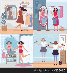 Girl looking in mirror. Women in stylish dressing room, bathroom and gym look in mirrors. Happy reflection in mirror vector illustration set. Woman looking to mirror, attractive and fashionable female. Girl looking in mirror. Women in stylish dressing room, bathroom and gym look in mirrors. Happy reflection in mirror vector illustration set