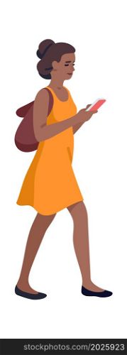 Girl looking on phone. Walking young woman using smartphone. Vector illustration. Girl looking on phone. Walking young woman using smartphone
