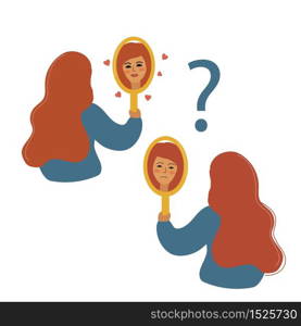 Girl looks in the mirror, modern flat vector illustration. Love yourself, body positive concept. Woman will look at herself.. Girl looks in the mirror, modern flat vector illustration. Love yourself, body positive concept. Woman will look at herself