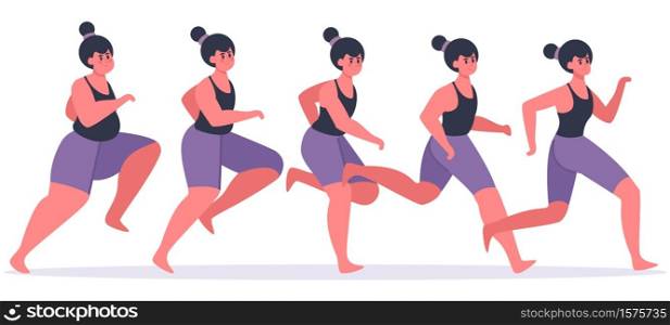 Girl losing weight. Running woman in process of weight loss, female character jogging and get in shape, losing weight stages vector illustration. Girl fitness slim, woman jogging and training. Girl losing weight. Running woman in process of weight loss, female character jogging and get in shape, losing weight stages vector illustration