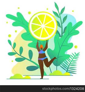Girl Loves Eating Lemons Vector Illustration. Dark-skinned Woman in Swimsuit Raised Large Slice Lemon over her Head. Citrus on Background Grass and Leaves. Summer Refreshing Sour Fruit.