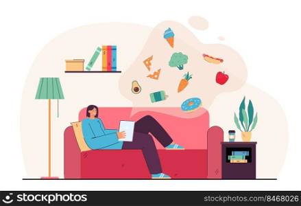 Girl lying on sofa with tablet and making order in online store. Female character choosing products and ingredients using app flat vector illustration. Food, delivery, modern technology concept