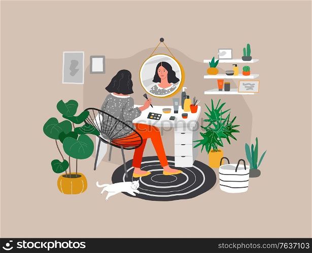 Girl makes make up in front of a mirror for skin care and beauty blogging. Daily life and everyday routine scene by young woman in scandinavian style cozy interior with homeplants. Cartoon vector illustration. Girl makes make up in front of a mirror for skin care and beauty blogging. Daily life and everyday routine scene by young woman in scandinavian, style cozy interior with homeplants. Cartoon vector
