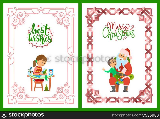 Girl making postcard with best wishes, cutting New Year tree from paper. Merry Christmas poster, Santa Claus and kid making wish to Saint Nicholas, vector. Girl Making Postcard, Best Wishes Santa and Kid