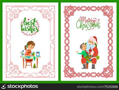 Girl making postcard with best wishes, cutting New Year tree from paper. Merry Christmas poster, Santa Claus and kid making wish to Saint Nicholas, vector. Girl Making Postcard, Best Wishes Santa and Kid