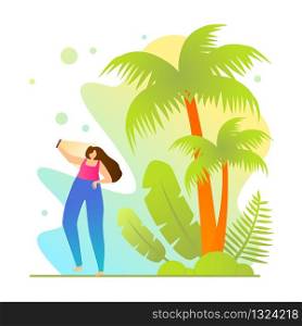 Girl Making Selfie on Vacation, Cartoon Flat. Poster Vacation Needed for Girl. Woman in Casual Clothes Photographed on Coast Near Palm Tree. Flyer Bright Tropical Beach Holiday in Sun.