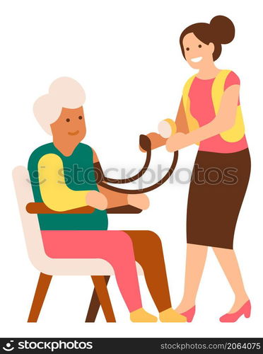 Girl measuring old woman blood pressure. Volunteer checking health support. Vector illustration. Girl measuring old woman blood pressure. Volunteer checking health support