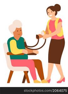 Girl measuring old woman blood pressure. Volunteer checking health support. Vector illustration. Girl measuring old woman blood pressure. Volunteer checking health support