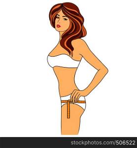 Girl measuring the size of her hip with tape measure, side view, colored vector illustration isolated on the white background