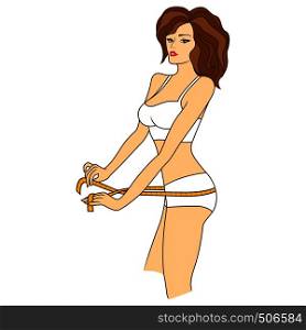Girl measuring the size of her thigh with tape measure, side view, colored vector illustration isolated on the white background