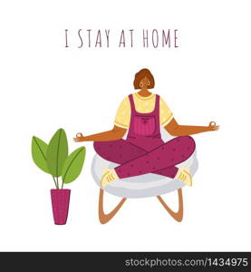 Girl meditates at home room in comfortable armchair and relaxes, rests, home activity for people in covid-2019 isolation time, female character doing yoga, vector isolated illustration. Home activities for people in isolation