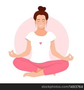 Girl meditates. Relax. Love yourself. Mental health concept. Meditation. Healthcare. Inner harmony with yourself. Take time for your self. Vector illustration. Woman meditating on white background. Girl meditates. Relax. Mental health concept. Meditation. Inner harmony with yourself. Take time for your self.
