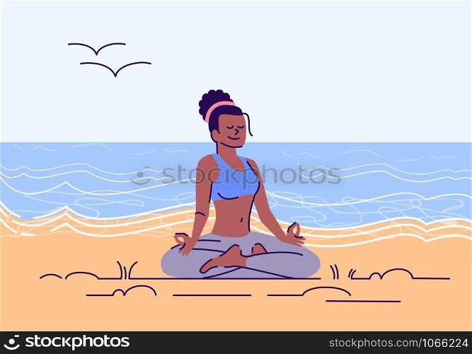 Girl meditating in lotus position flat vector illustration. Yoga practice on sea beach. Body and mind harmony. Young african american woman sitting in padmasana exercise cartoon character