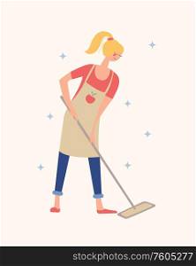 Girl mopping the floor with a MOP. Housework, house cleaning. Vector illustration on a light background.. Girl mopping the floor with a MOP. Vector illustration.