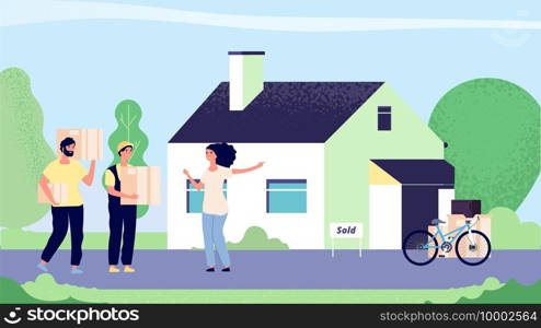 Girl moves new house. Woman moves with loaders, collect supplies in boxes. Flat young girl bought house vector illustration. Woman relocation to home, new house apartment. Girl moves new house. Woman moves with loaders, collect supplies in boxes. Flat young girl bought house vector illustration