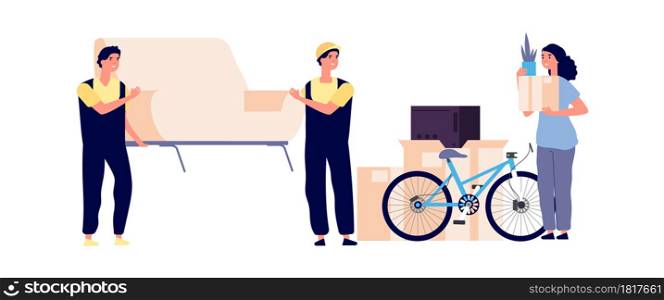 Girl moving new apartment. Loader carry sofa, woman holding cardboard box. Fast delivery and transportation service vector illustration. New apartment move, girl unpacking and carrying. Girl moving new apartment. Loader carry sofa, woman holding cardboard box. Fast delivery and transportation service vector illustration