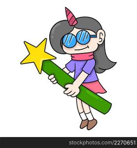 girl nerd in glasses holding a magic wand