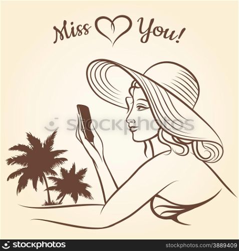 Girl on a beach using mobile phone for text messaging Miss You.
