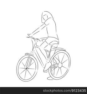 Girl on a bike, vector. Hand drawn sketch. Girl in shorts and a t-shirt on a bicycle.