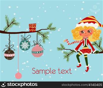 girl on a branch vector christmas background
