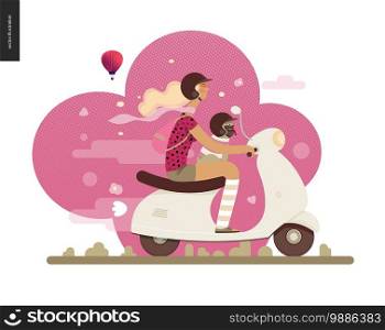 Girl on a scooter - flat vector concept illustration of blonde girl wearing helmet riding a white scooter, a french bulldog on her lap wearing small helmet, on the pink landscape with air balloon. Girl on a scooter