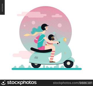 Girl on a scooter - flat vector concept illustration of blue-haired girl wearing helmet riding a light blue scooter, a french bulldog on her lap wearing small helmet, on the pink landscape with clouds. Girl on a scooter
