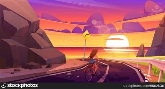 Girl on bicycle riding mountain road at dusk seascape view. Young woman bike trip, travel at highway with beautiful seaview landscape. Journey to ocean at summer holidays, cartoon vector illustration. Girl on bicycle riding mountain road at seascape