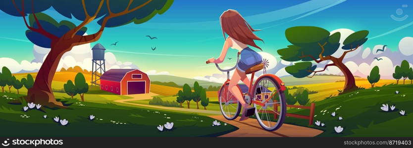 Girl on bicycle riding rural dirt farm road. Young woman bike trip, travel at beautiful landscape with barn, trees and green field under blue sky. Summer holidays journey, Cartoon vector illustration. Girl on bicycle riding rural dirt farm road, trip