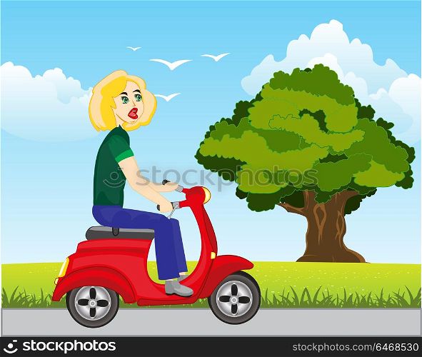 Girl on motorcycle. Girl goes on motorcycle on background of the nature