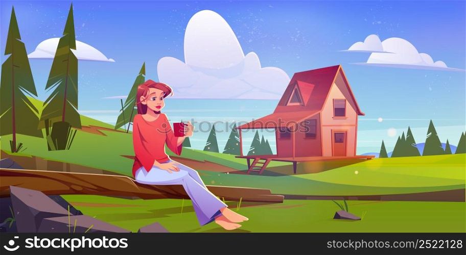 Girl on picnic on summer meadow with wooden house and coniferous trees. Vector cartoon illustration of rural landscape with woman with cup sitting on log, village cottage and forest. Girl on picnic on summer meadow with wooden house