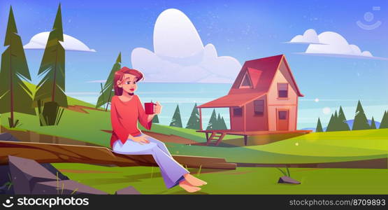 Girl on picnic on summer meadow with wooden house and coniferous trees. Vector cartoon illustration of rural landscape with woman with cup sitting on log, village cottage and forest. Girl on picnic on summer meadow with wooden house