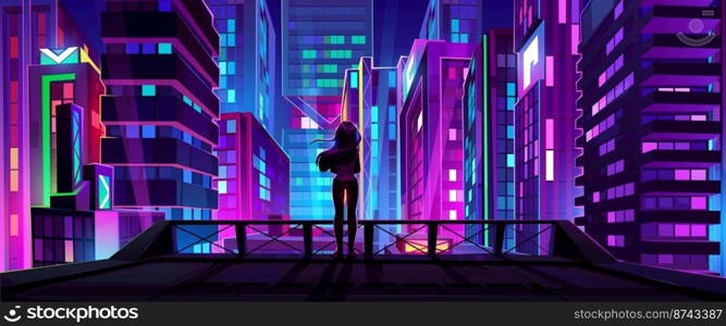 Girl on rooftop with city view at night. Roof or balcony with woman silhouette on background of downtown landscape with modern buildings and skyscrapers, vector cartoon illustration. Girl on rooftop with city view at night