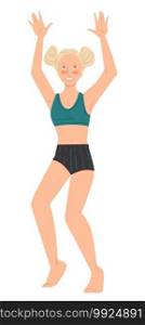 Girl on summer vacation, playing game raising hands up. Isolated teenager, female character wearing swimming suit. Child relaxing on holidays, summertime outfit of teen. Vector in flat style. Teenage girl wearing swimming suit raising hands up
